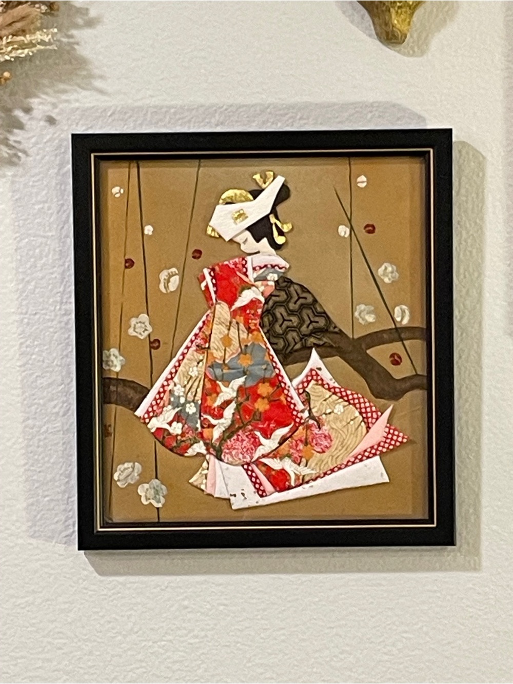 Japanese Fabric Wall Art, Hand painted Cherry Blossoms. Professionally Framed.